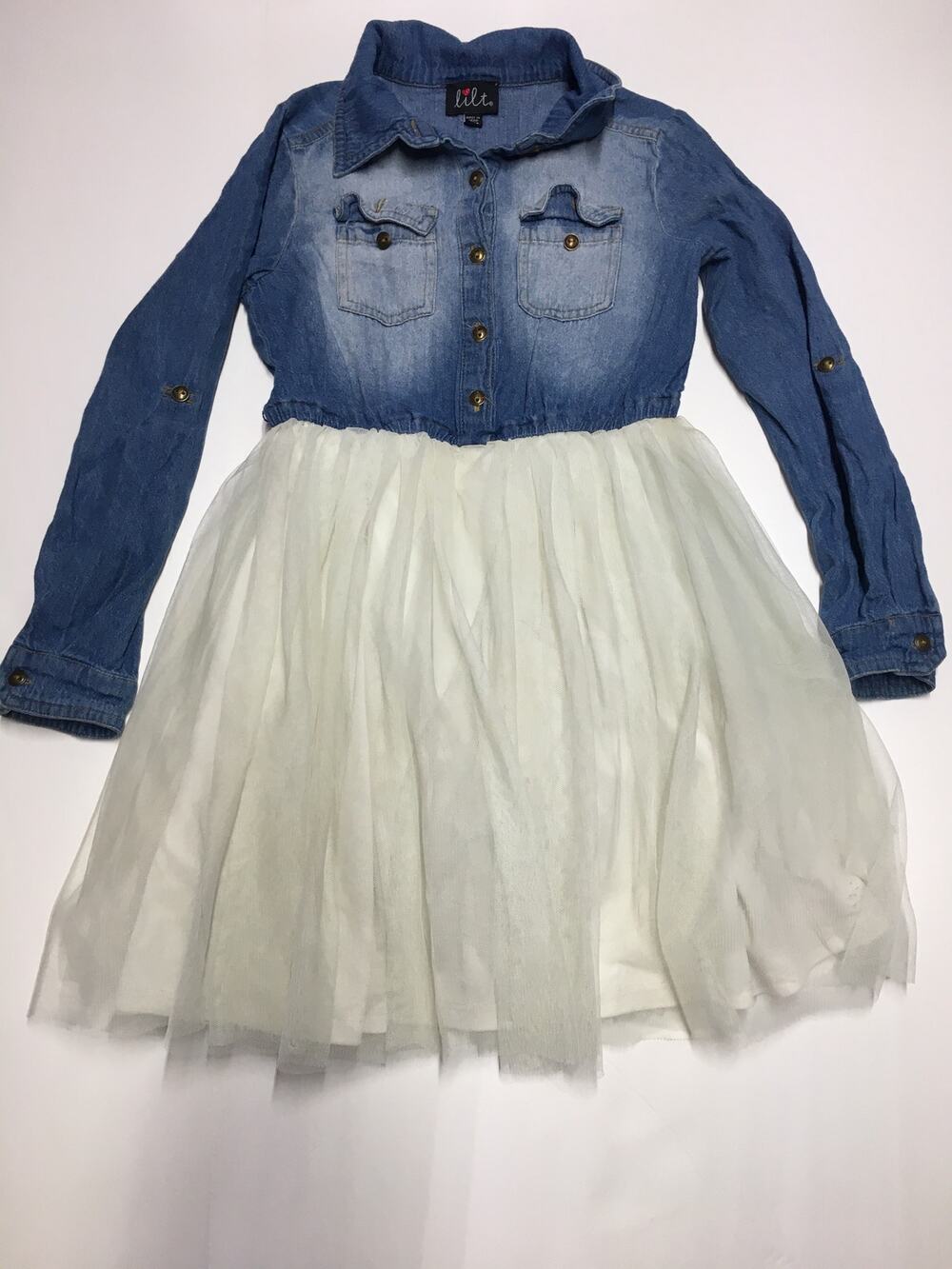 Lilt Jean Dress Button Up Tulle Ruffle Bottom Long Sleeve Girls M 7/8